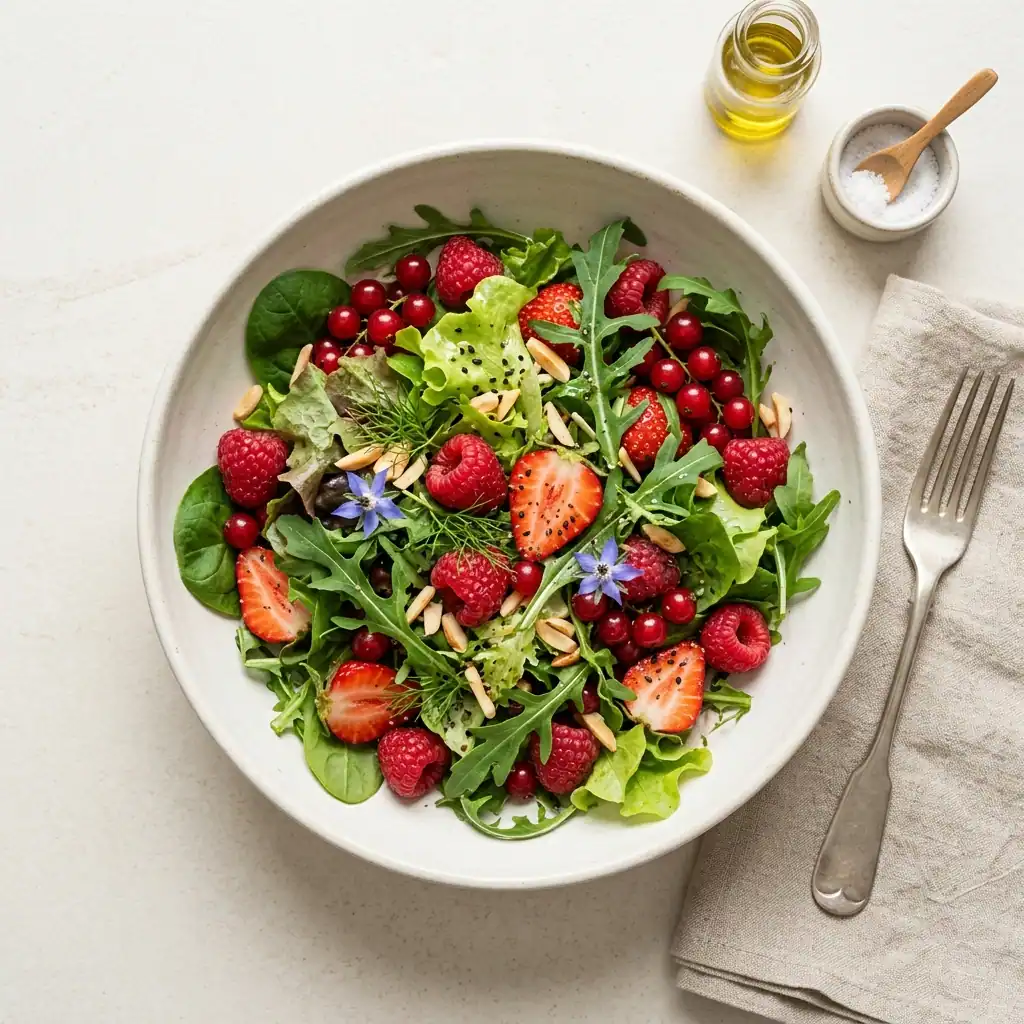 A salad bowl with baby leaf lettuce, arugula, and fresh berries